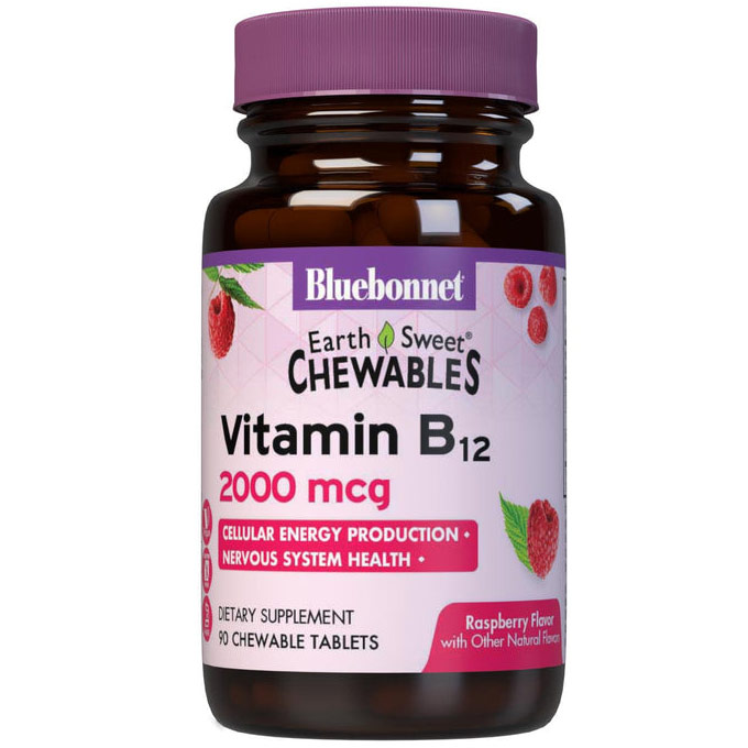 EarthSweet Chewable Vitamin B-12 2000 mcg, Natural Raspberry Flavor, 90 Tablets, Bluebonnet Nutrition