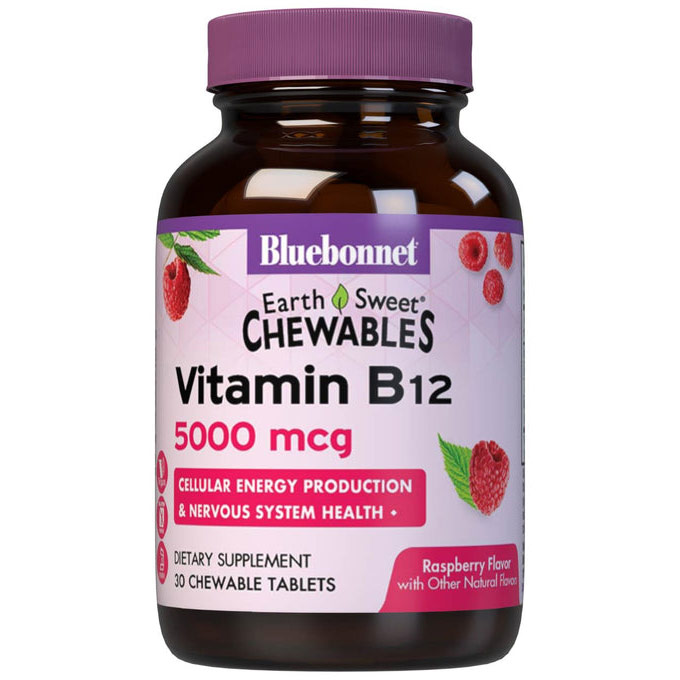 EarthSweet Chewable Vitamin B-12 5000 mcg, Natural Raspberry Flavor, 30 Tablets, Bluebonnet Nutrition