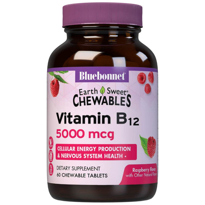 EarthSweet Chewable Vitamin B-12 5000 mcg, Natural Raspberry Flavor, 60 Tablets, Bluebonnet Nutrition