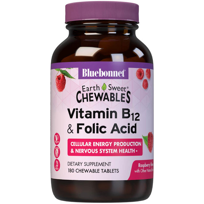 EarthSweet Chewable Vitamin B-12 & Folic Acid, Natural Raspberry Flavor, 180 Tablets, Bluebonnet Nutrition