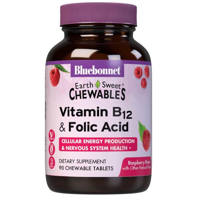 EarthSweet Chewable Vitamin B-12 & Folic Acid, Natural Raspberry Flavor, 90 Tablets, Bluebonnet Nutrition