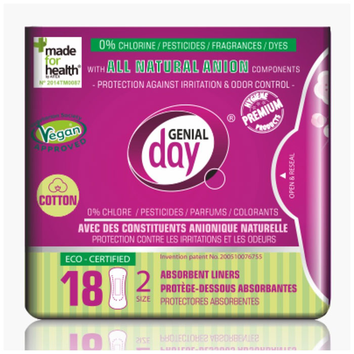 Eco Cerfified Absorbent Cotton Menstrual Liners with Anion Strip, 18 ct, Genial Day