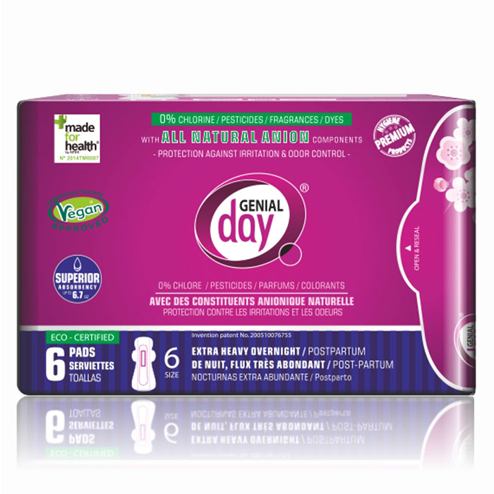 Eco Certified Extra Heavy Overnight / Postpartum Menstrual Pads with Anion Strip, 6 ct, Genial Day