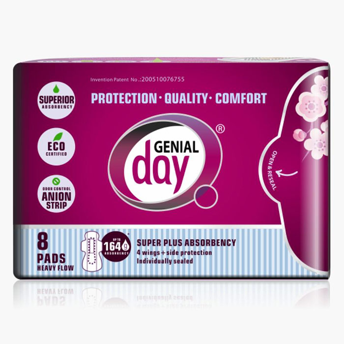 Eco Certified Heavy Flow Menstrual Pads with Anion Strip, 8 ct, Genial Day