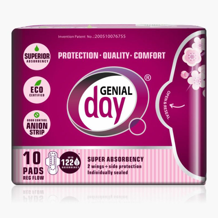 Eco Certified Regular Flow Menstrual Pads with Anion Strip, 10 ct, Genial Day