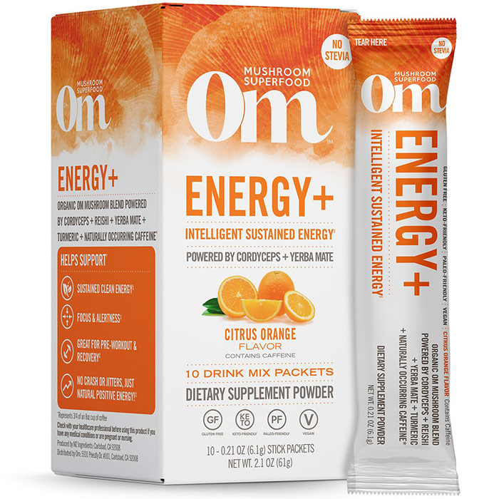 Energy+ Mushroom Superfood Drink Mix Powder Stick, Citrus Orange Flavor, 10 Packets, Om Organic Mushroom Nutrition