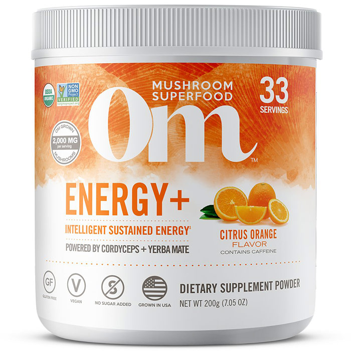 Energy+ Mushroom Superfood Powder, Citrus Orange Flavor, 200 g, Om Organic Mushroom Nutrition