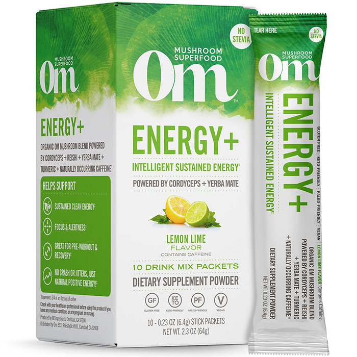 Energy+ Mushroom Superfood Drink Mix Powder Stick, Lemon Lime Flavor, 10 Packets, Om Organic Mushroom Nutrition