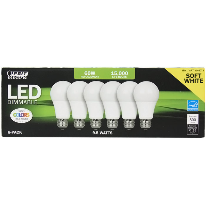 Feit Electric 9.5 Watts LED Dimmable Replacement Bulb, Soft White, 6 Pack