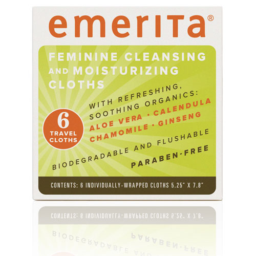 Emerita Feminine Cleansing & Moisturizing Cloths Travel Size, 6 Single Packs, Emerita