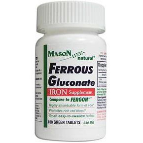 Ferrous Gluconate, Iron Supplement, 100 Green Tablets, Mason Natural
