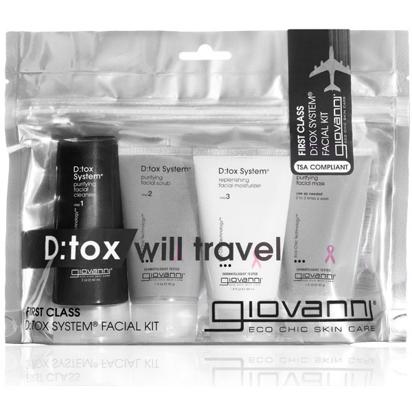 Flight Attendant First Class Travel Kit - D:tox System Facial Kit, 4 pc, Giovanni Cosmetics