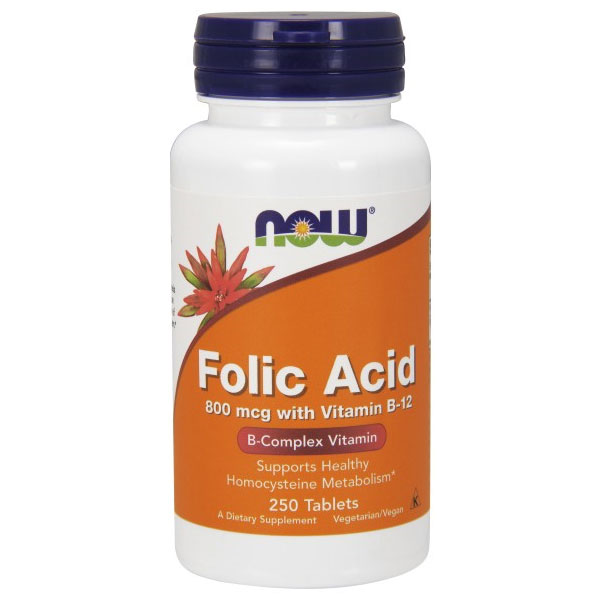 Folic Acid 800 mcg with B-12 25 mcg, 250 Tablets, NOW Foods