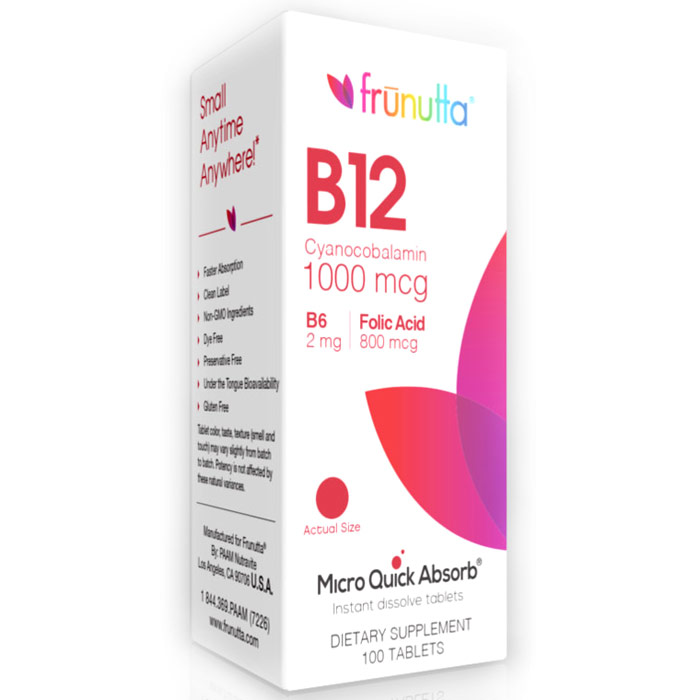 Frunutta Vitamin B12 Cyanocobalamin 1000 mcg with B6 & Folic Acid, 100 Sublingual Tablets