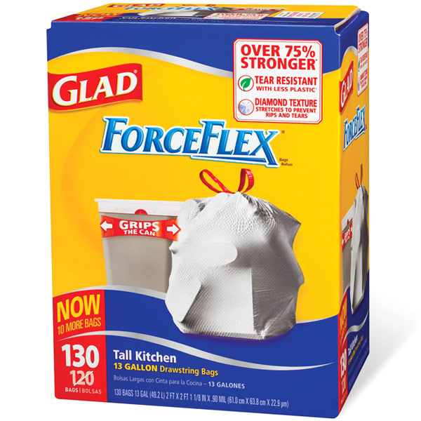 Glad ForceFlex Tall Kitchen 13 Gallon Drawstring Trash Bags, 130 Bags