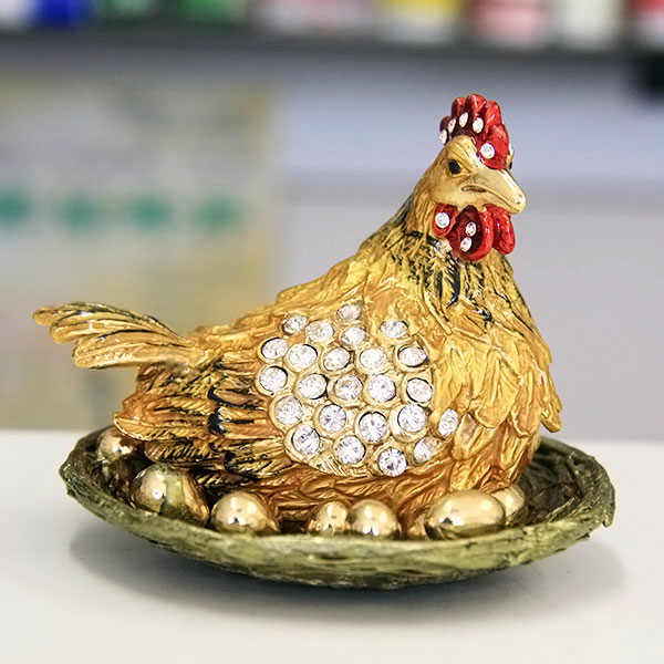 Golden Chicken Laying Eggs Gilt Jewelry Gift Box with Fine Crystals