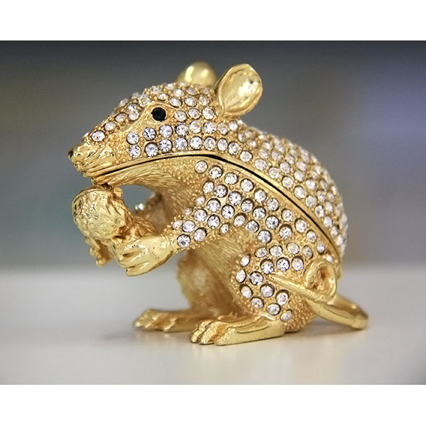 Golden Mouse Holding Peanut Gilt Jewelry Gift Box with Fine Crystals