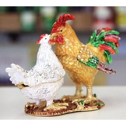 Happy Rooster & Hen Gilt Jewelry Gift Box with Fine Crystals