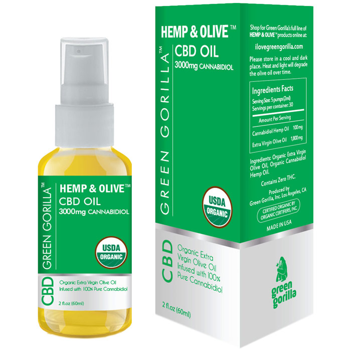 Hemp & Olive Pure CBD Oil 3000 mg, Unflavored, 2 oz, Green Gorilla