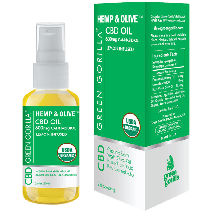 Hemp & Olive Pure CBD Oil 600 mg, Lemon Flavor, 2 oz, Green Gorilla