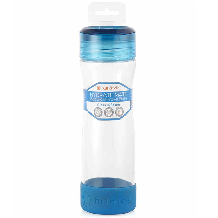 Hydrate Mate Glass Travel Water Bottle, Blueberry, 16 oz, Full Circle Home