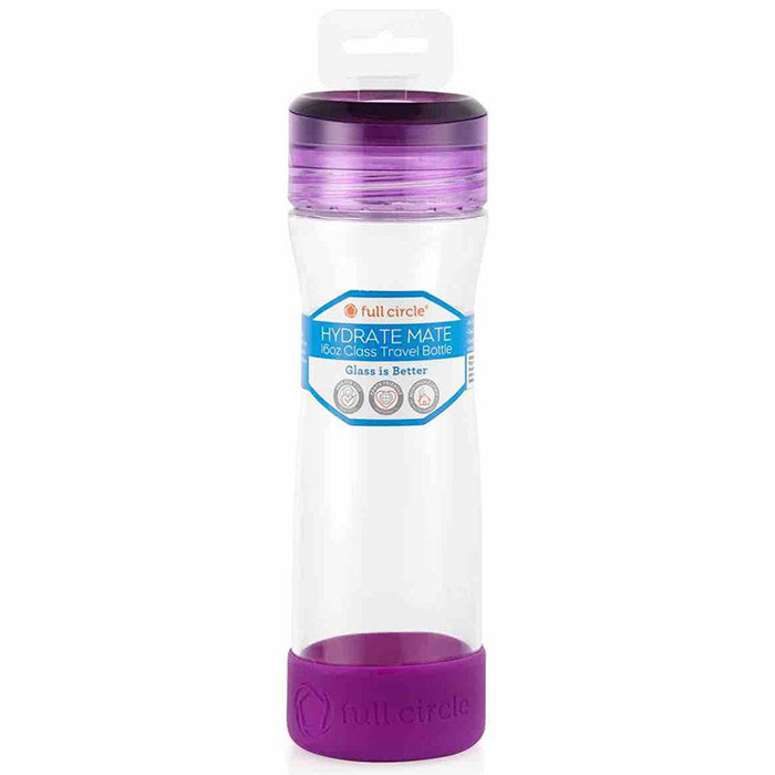 Hydrate Mate Glass Travel Water Bottle, Elderberry, 16 oz, Full Circle Home