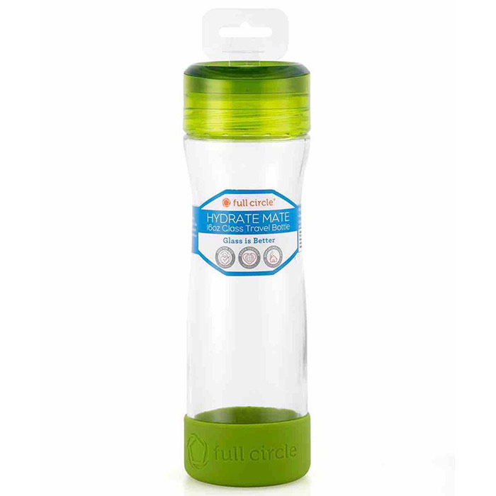 Hydrate Mate Glass Travel Water Bottle, Lime Green, 16 oz, Full Circle Home