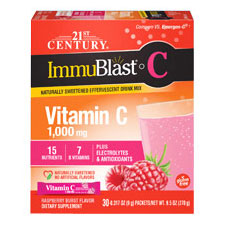 ImmuBlast-C Vitamin C 1000 mg, Effervescent Drink Mix - Raspberry Burst Flavor, 30 Packets, 21st Century HealthCare