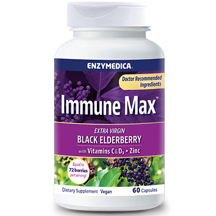 Immune Max Black Elderberry with Vitamins C & D3 + Zinc, 60 Capsules, Enzymedica