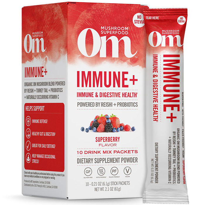 Immune+ Mushroom Superfood Drink Mix Powder Stick, 10 Packets, Om Organic Mushroom Nutrition