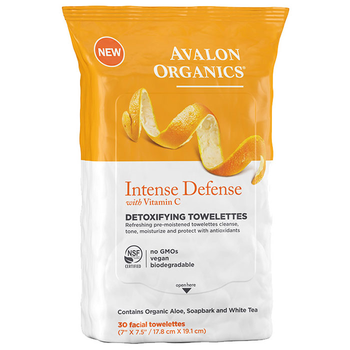 Intense Defense Detoxifying Facial Towelettes with Vitamin C, 30 ct, Avalon Organics