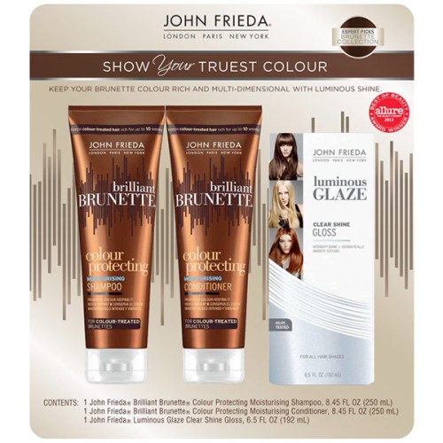John Frieda Brilliant Brunette Variety Pack (Shampoo, Conditioner & Clear Shine Gloss) For Color Treated Hair