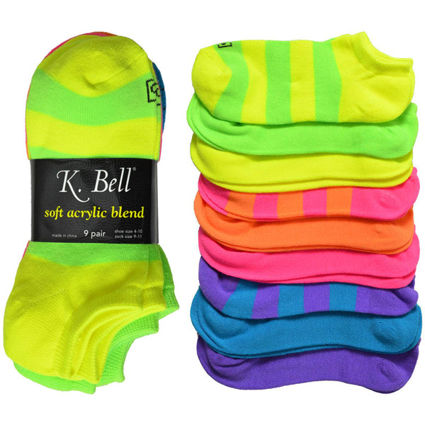 K. Bell Ladies No-Show Sock, Soft Acrylic Blend, Neon Stripe, 9 Pair