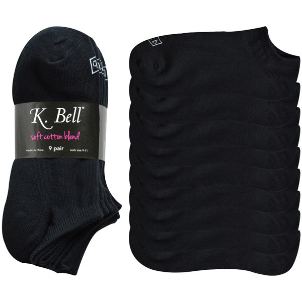 K. Bell Ladies No-Show Sock, Soft Cotton Blend, Black, 9 Pair