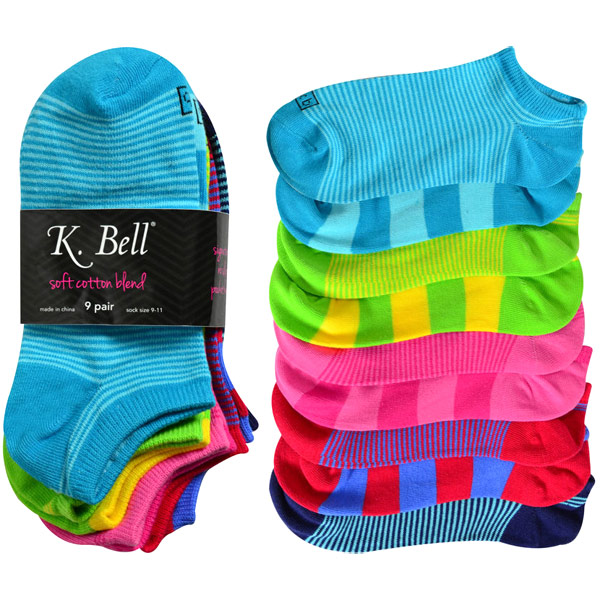 K. Bell Ladies No-Show Sock, Soft Cotton Blend, Bright Stripe, 9 Pair