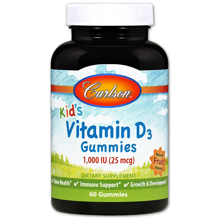 Kids Vitamin D3 Gummies Chewable - Natural Fruit Flavors, 60 Gummies, Carlson Labs