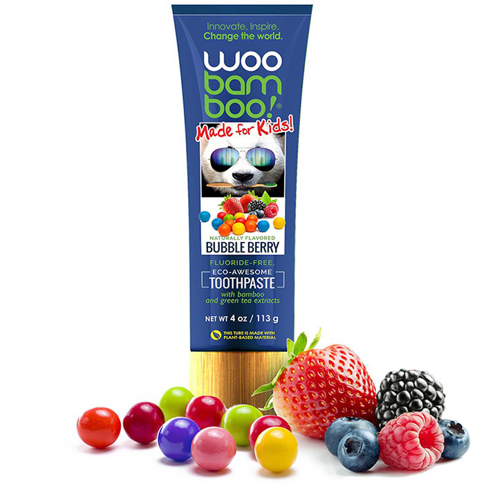 Fluoride Free Kids Toothpaste with Bamboo & Green Tea Extracts, Bubble Berry, 4 oz, WooBamboo