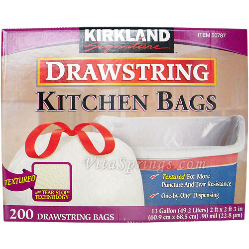Kirkland Signature Drawstring Kitchen Trash Bags 13 Gallon, 200 Bags
