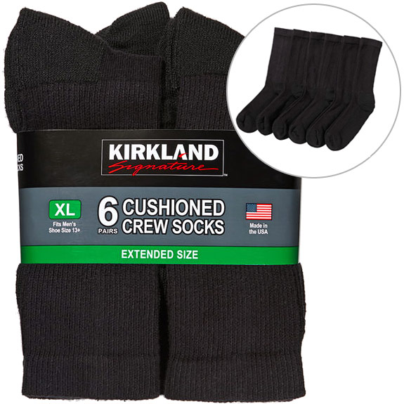 Kirkland Signature Mens Cushioned Crew Socks - Black, 6 Pair