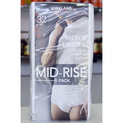 Kirkland Signature Mid-Rise Mens Cotton Briefs, White, 6 Pack
