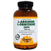 Country Life L-Arginine/L-Ornithine 1000 mg w/B-6 180 Caps, Country Life