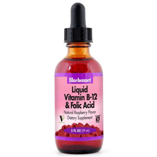 Liquid Vitamin B-12 & Folic Acid, Natural Raspberry Flavor, 2 oz, Bluebonnet Nutrition
