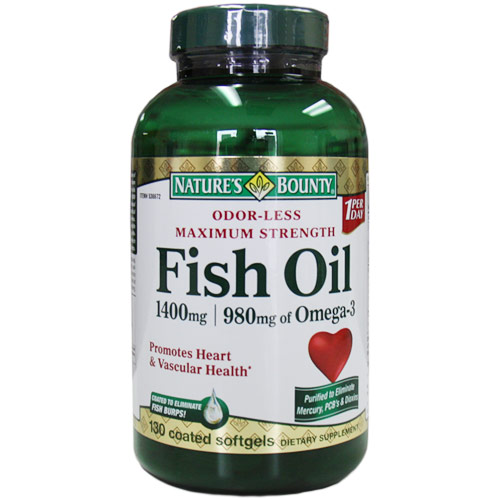 Maximum Strength Odorless Fish Oil 1400 mg, 980 mg Omega-3, 130 Coated Softgels, Natures Bounty