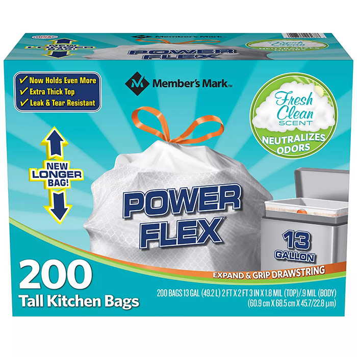 Members Mark Tall Kitchen Simple Fit Drawstring Trash Bags, 13 Gallon, 150 Bags