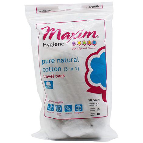 Natural Cotton 3 in 1 Travel Pack, 50 Count, Maxim Hygiene Products