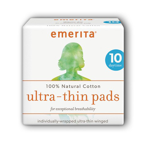 Emerita Natural Cotton Ultra Thin Pads, Daytime with Wings, Individually Wrapped, 10 ct, Emerita
