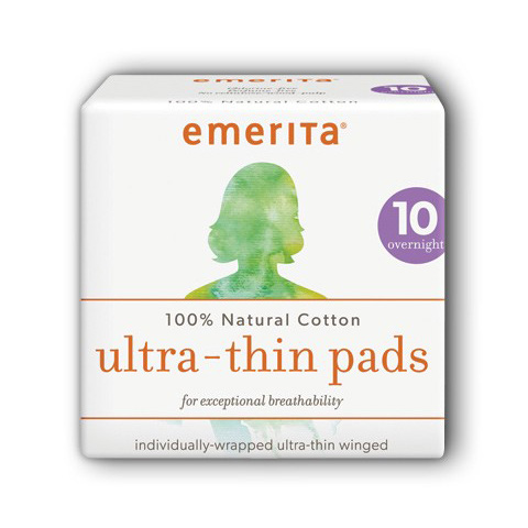 Emerita Natural Cotton Ultra Thin Pads, Overnight with Wings, Individually Wrapped, 10 ct, Emerita