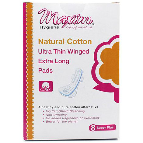 Natural Cotton Ultra Thin Winged Extra Long Pads, Super Plus/Overnight, 8 ct, Maxim Hygiene Products