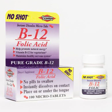 No Shot B12 1000 mcg, Folic Acid 400 mcg, 100 Instant Dissolve Tablets, Superior Source