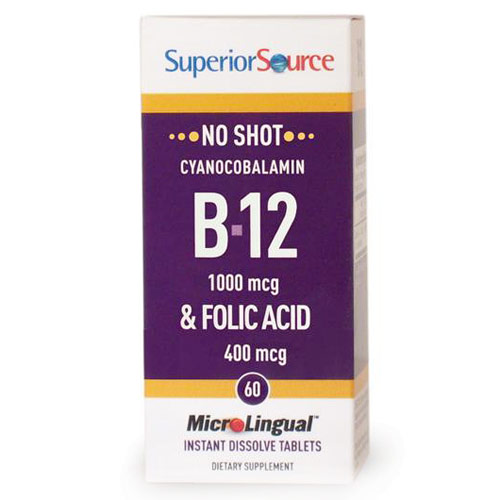 No Shot B12 1000 mcg, Folic Acid 400 mcg, 60 Instant Dissolve Tablets, Superior Source